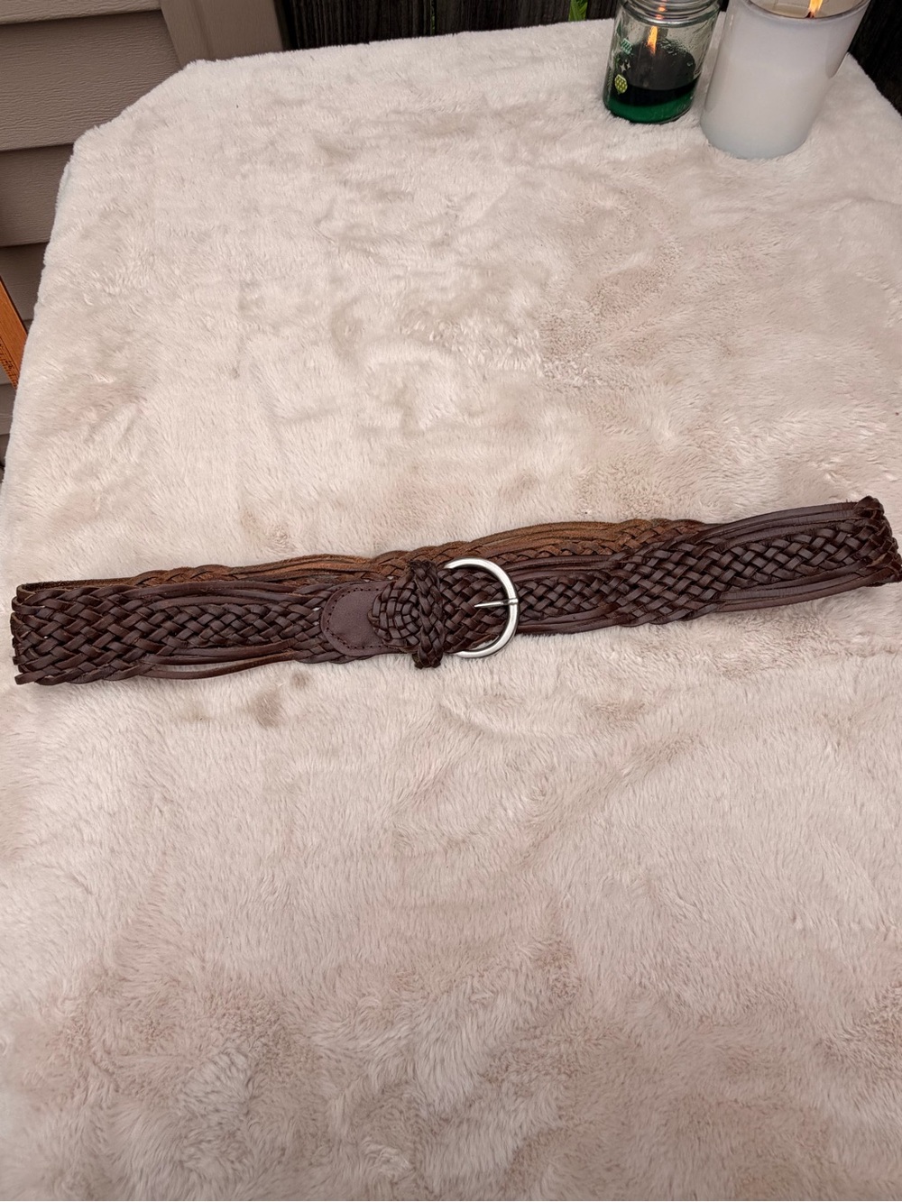 Vintage Y2K Braided Brown Leather Belt with Silver Ring Buckle Size Medium
